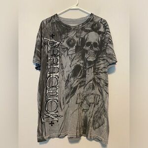 Affliction T-Shirt Men’s XL Skulls Gray/Black All Over Print Y2K Velvet wording